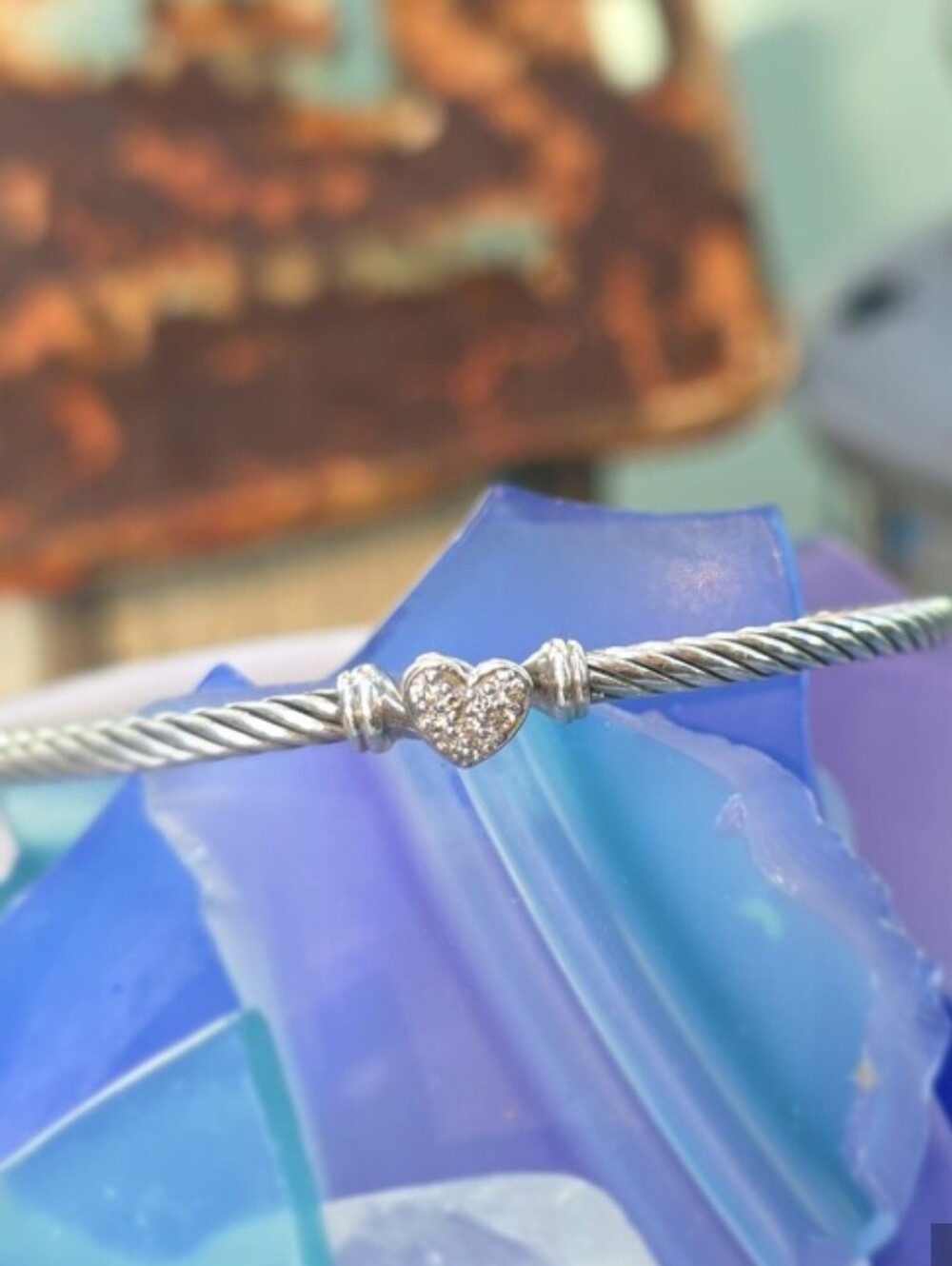 2 Piece David Yurman Silver Cable Bracelet with Pave Heart & SILK Cord Bracelet